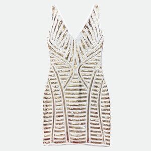 Lulu's Casino Night White and Gold Sequin Beaded Bodycon Dress Size S
